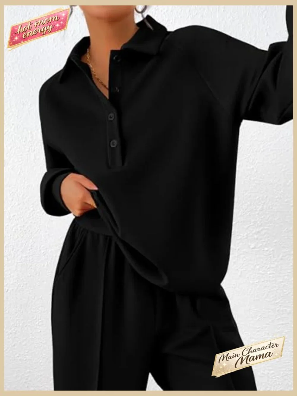Quarter Button Sweatshirt Wide Leg Pants Lounge Set Long Sleeve Comfy Tracksuit - Picture 3 of 7